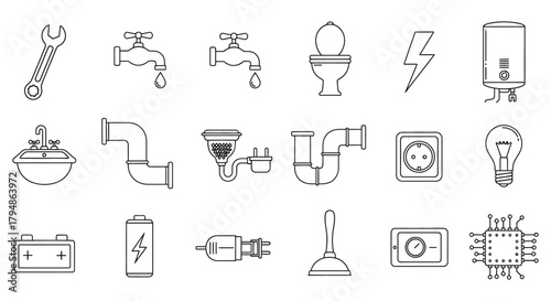 Line art illustration of plumbing and electrical related equipment
