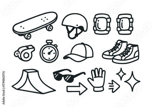 Skateboarding gear icons: skateboard, helmet, knee pads, stopwatch, sneakers, sunglasses