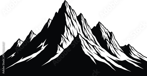 Mountain Silhouette Vector – Rugged Peaks Monochrome Landscape Illustration