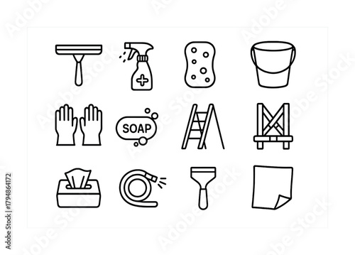 Essential cleaning tools icon set featuring soap, gloves, sponge, bucket, sprayer