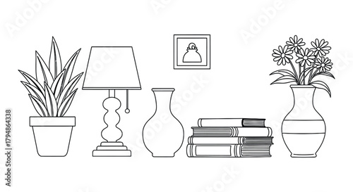 Line drawing of potted plant lamp books and flowers in vases and frame
