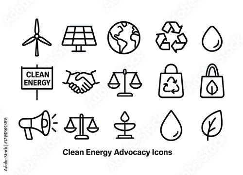 Clean energy advocacy icons: wind turbine, solar panel, recycling, scales, globe