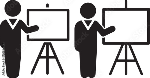 Two business people presenting with flip charts silhouette