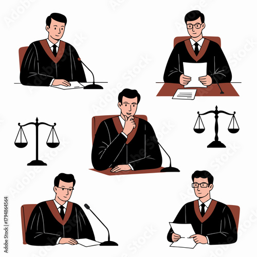 Judicial officer and judge character set in black robe, presenting court proceedings, alongside Scales of Justice symbols.