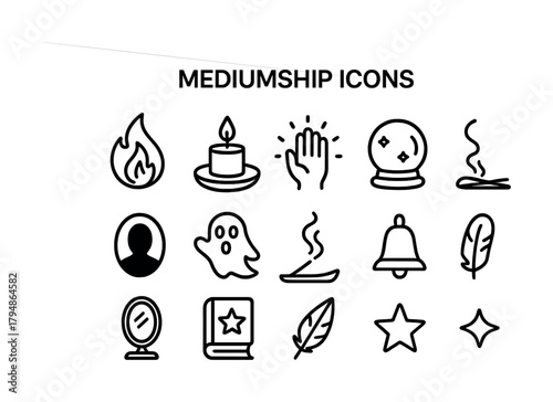 Mediumship icons: candles, crystals, ghost, feather, flame, bell, book, mirror, star
