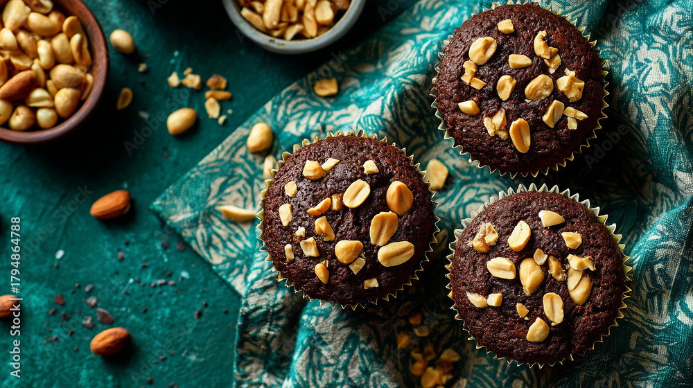 Fototapeta premium Schokoladenmuffins mit Erdnüssen auf rustikalem Hintergrund