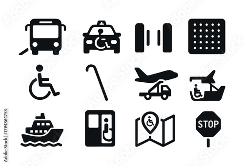 Transportation and accessibility icon set including wheelchair and taxi symbols