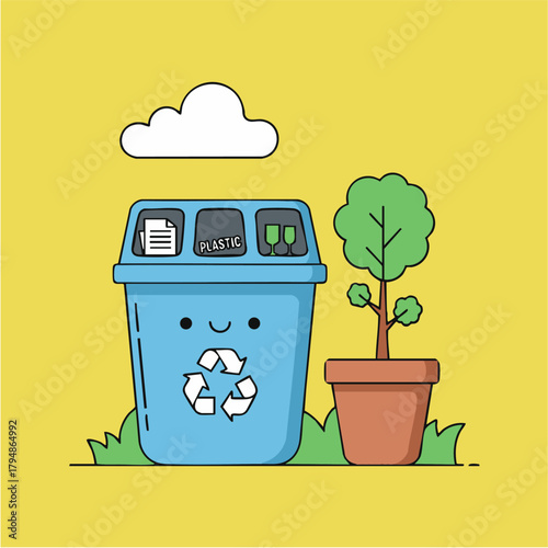 【エコ・アクション】リサイクルごみ箱と植木のキュートなミニマルラインアート 環境保護ベクターイラスト