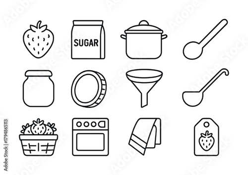 Home canning essentials: strawberry, sugar, pot, spoon, jar, funnel, basket, oven, towel, tag