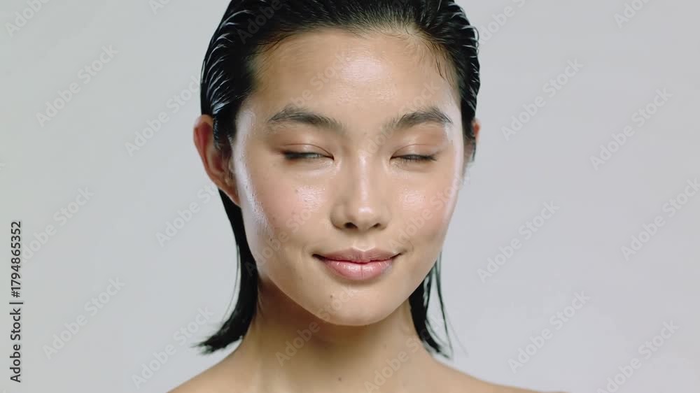 Beauty slow motion video of beautiful young professional asian female model with natural dew skin and slicked-back black wet hair, posing with hands and light smile on her face.Macro.AI Generative.