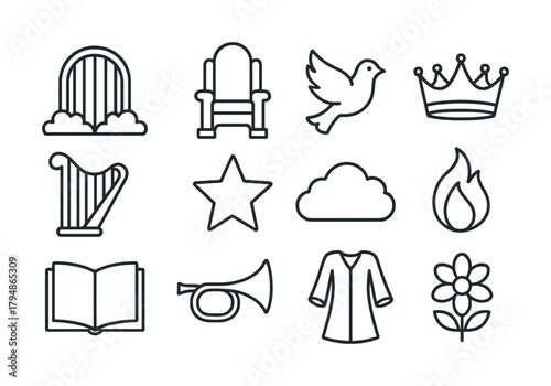 Set of 12 minimalist icons: cloud, chair, dove, crown, harp, star, flame, book, horn, shirt, flower