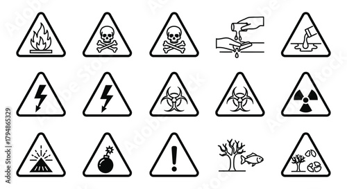 Collection of warning signs depicting various hazards in black and white