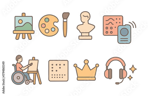 Art and accessibility icons featuring painter in wheelchair with art supplies