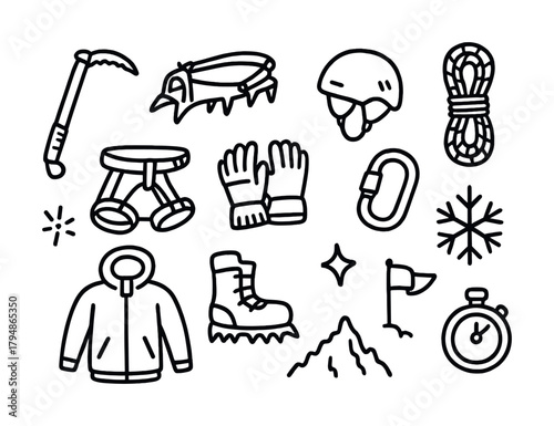 Essential mountaineering equipment icons including ice axe, helmet, and rope