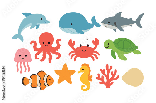 Colorful cartoon sea creatures collection including dolphin, whale, shark, octopus, and more