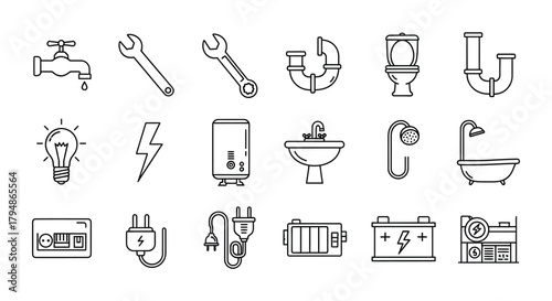 Line art illustration of plumbing and electrical fixture icons set