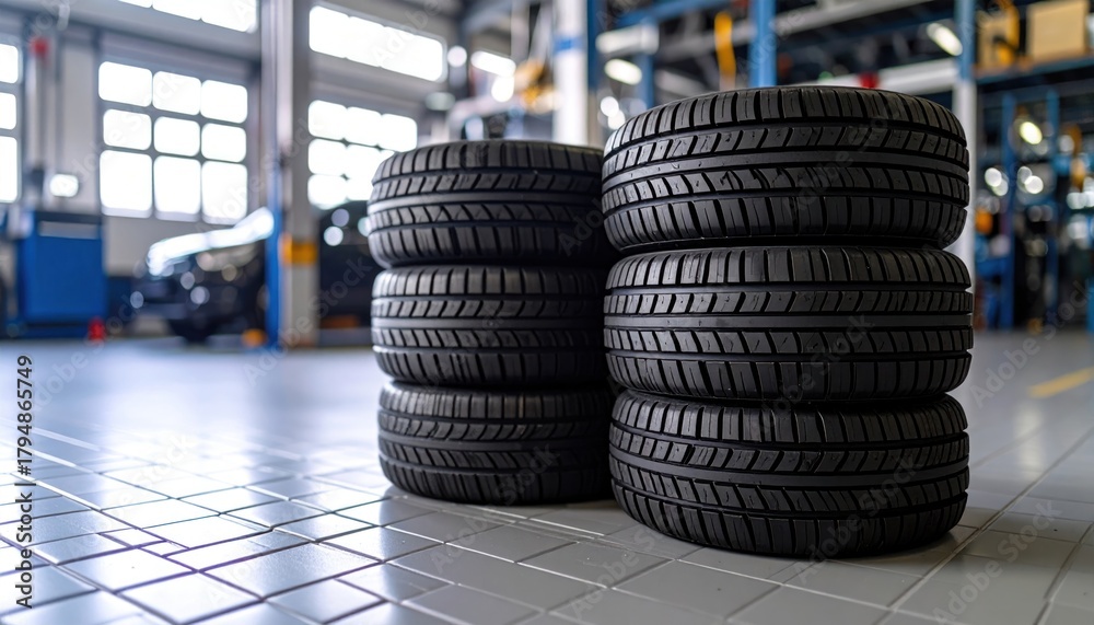 Obraz premium Stacks of New Car Tires on the Floor of an Automotive Service Center