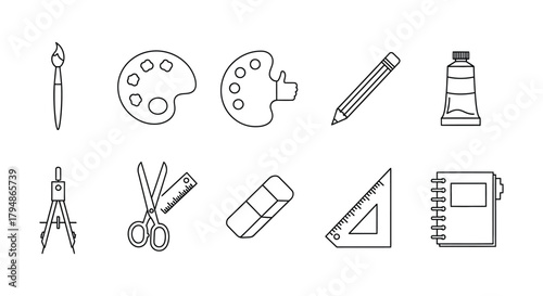 Line art illustration of various art and drawing tools on white background