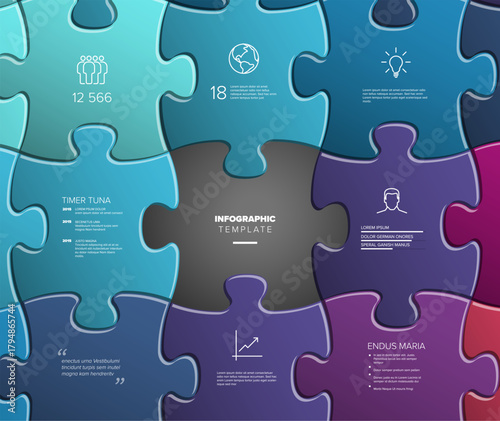 Vibrant infographic template composed of puzzle pieces, showcasing interconnected data sections. Puzzle infographic visually organizes complex information, making it accessible through puzzle segments