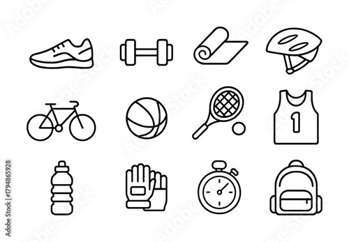 Outline icons of sports equipment including bike, ball, tennis, and fitness gear
