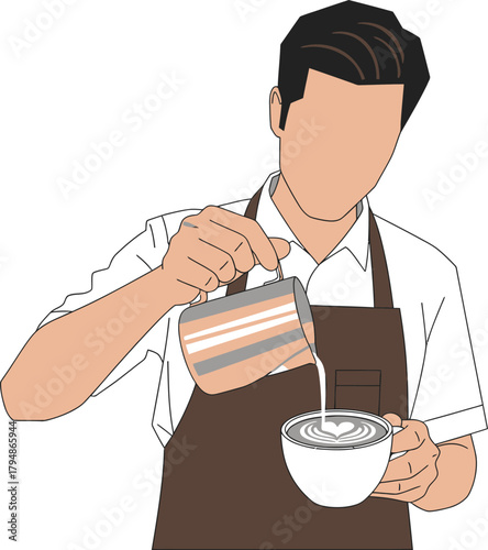 Barista preparing latte with heart art, pouring milk illustration. Vector