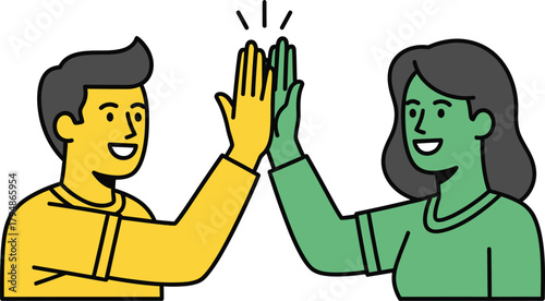 Happy diverse team high-fiving, celebrating achievement together. Vector