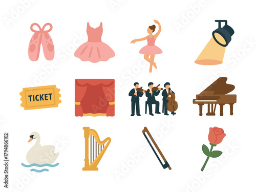 Ballet and orchestral elements: shoes, dress, dancer, instruments, and stage icons