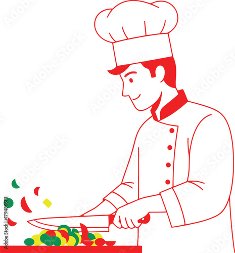Chef cutting colorful vegetables with a knife on kitchen board Vector
