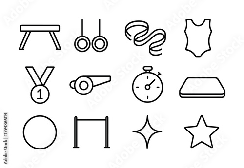 Gymnastics equipment icons: pommel horse, rings, ribbon, leotard, medal, whistle, stopwatch