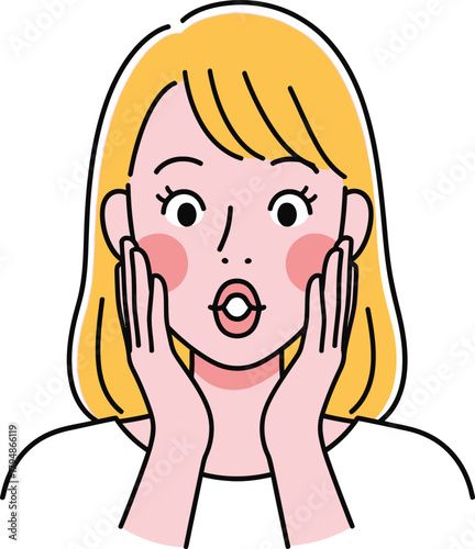 Surprised young woman with wide eyes, open mouth, hands on face Vector