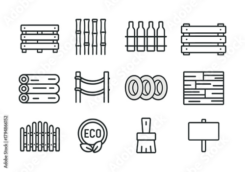 Set of wooden object line icons: pallets, bamboo, fences, eco badge, brush, signboard