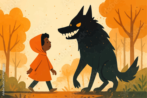 Red Cloaked Child Faces Black Wolf – Autumn Forest Fairy Tale Scene