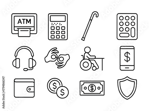 Financial accessibility icons: atm, calculator, wheelchair, sign language, payment, shield
