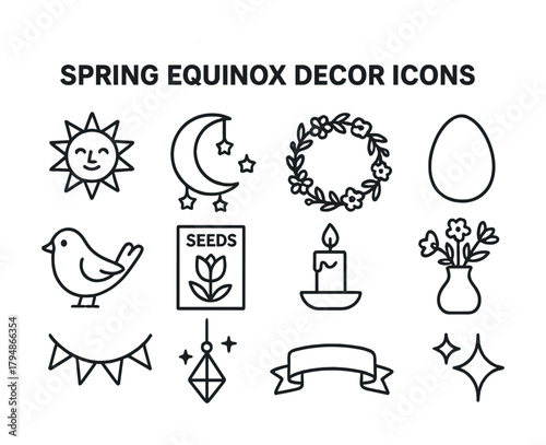 Spring equinox decor icons: sun, moon, flowers, seeds, bird, candle, vase, banner