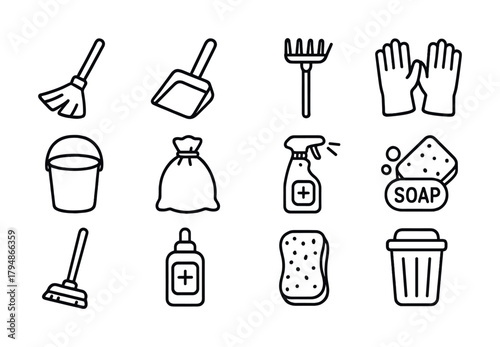 Set of cleaning tools icons: broom, mop, bucket, gloves, soap, trash can