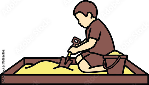 Young boy playing in sandbox with shovel and bucket activity Vector