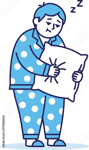 Sleepy person in polka-dot pajamas holding a pillow, feeling tired Vector