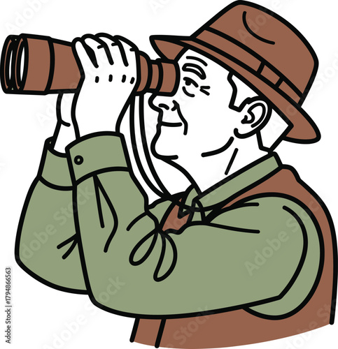 Man with hat looking through a monocular, searching perspective. Vector
