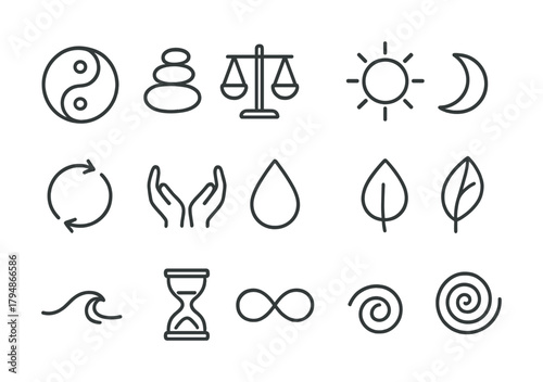 Minimalist icon set: yin yang, balance scale, sun, moon, water, leaves, infinity symbol