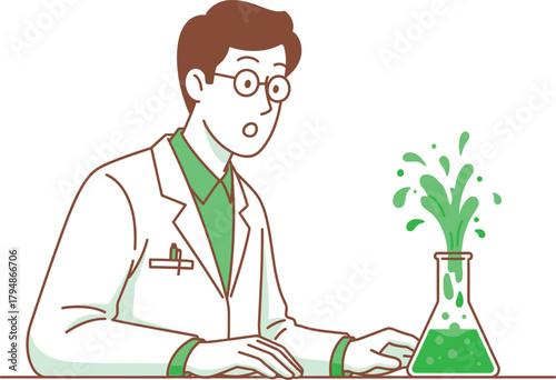 Male scientist reacts to surprising chemical experiment in laboratory Vector