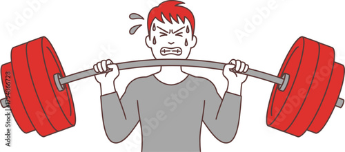 Man struggling to lift heavy barbell with great effort and sweat Vector