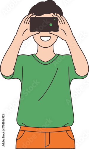 Smiling young man enjoying immersive virtual reality on smartphone Vector