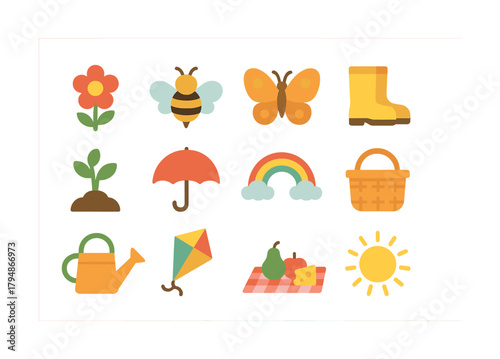 Colorful springtime icons collection: flowers, insects, and picnic essentials