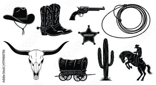 Black and white vector illustration of wild west themed icons set