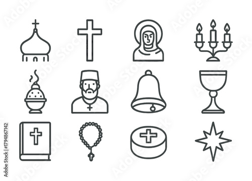 Christian symbols: church, cross, religious figures, candle, chalice, bible, rosary, star