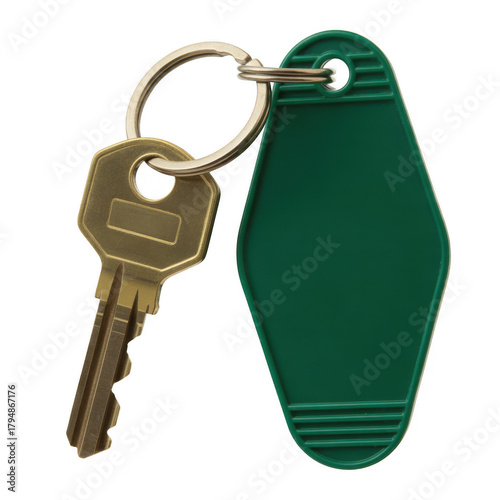 Brass key green motel tag isolated on a transparent background