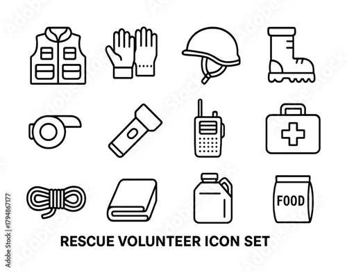 Rescue volunteer icon set: equipment and tools for emergency response