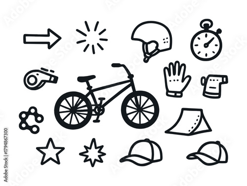 Cycling gear and accessories illustration with helmet, gloves, stopwatch, and bicycle icons