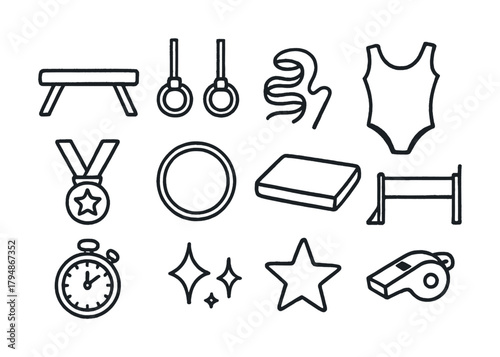 Outline of gymnastics equipment: rings, whistle, medal, leotard, stopwatch, beam, hoop, ribbon, star