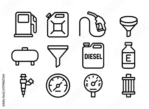 Fuel and diesel icon set: pump, gauge, funnel, tank, filter, nozzle collection
